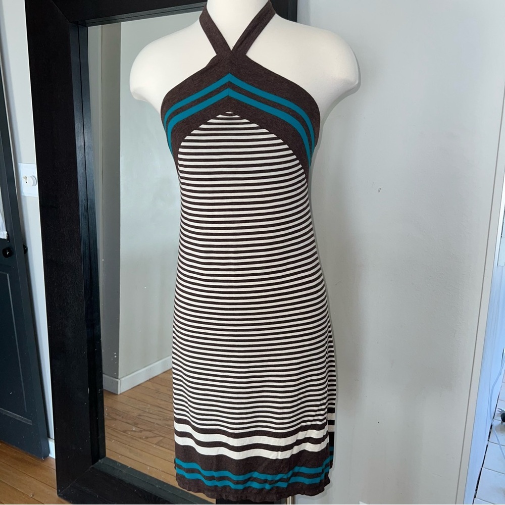 Max Studio Brown and Blue Sleeveless Halter Sheath Dress